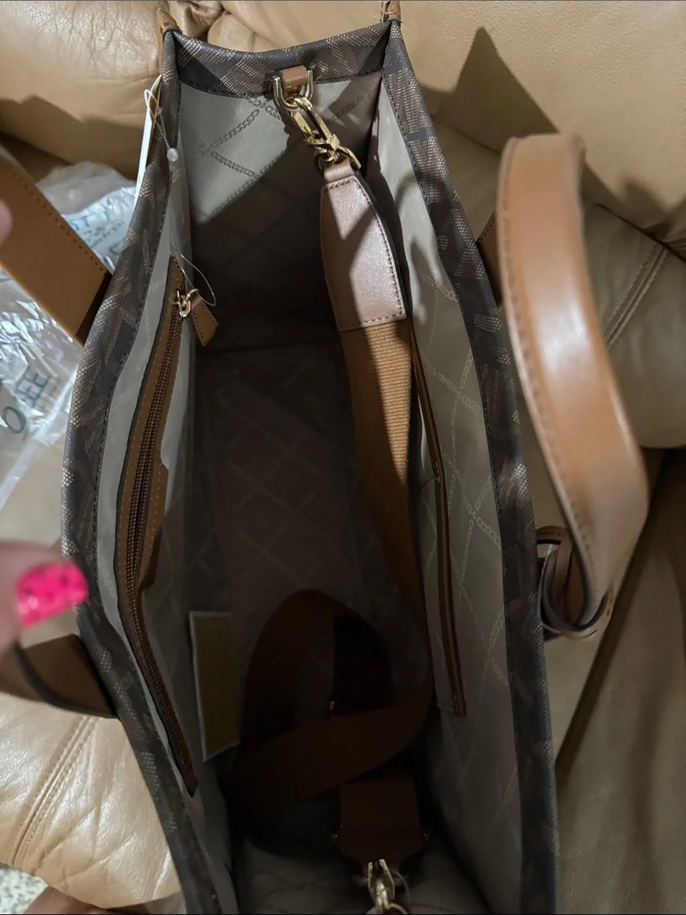 Michael Kors Brown Patterned Gigi Tote with Tan Trim